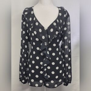 HALO Polka Dot Black & White Women's Lace Blouse, Adjustable waist Strap Size L